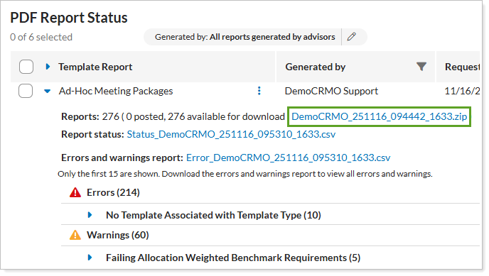 The PDF Report Status Page